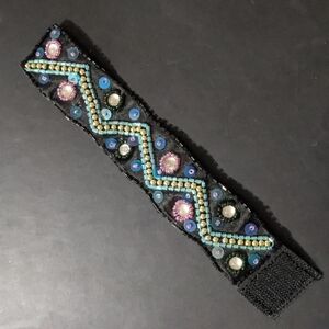 Black Fabric Blue and Gold Beaded Sequin Chevron Statement Bracelet